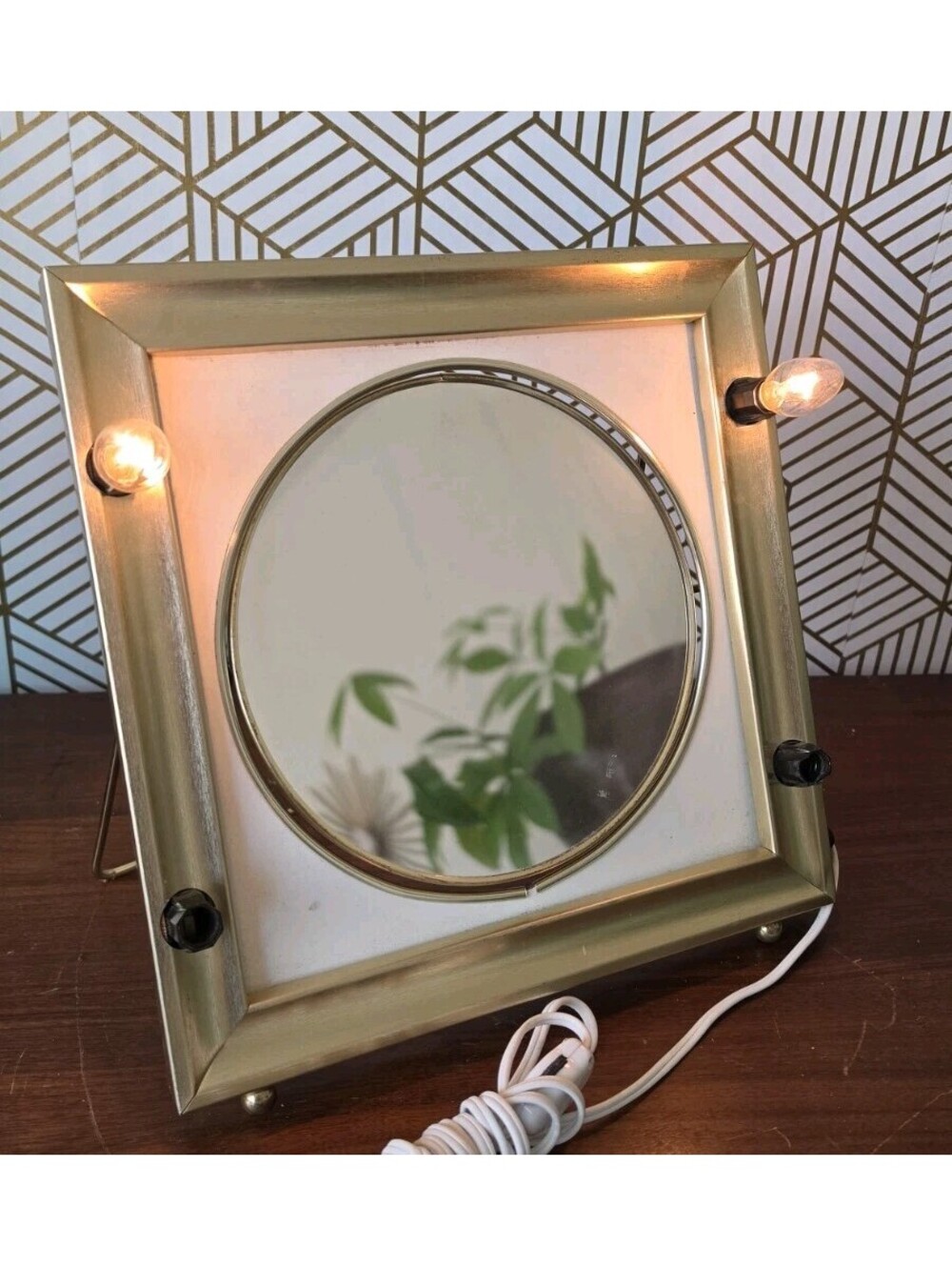 Vintage Midcentury Gold Double Sided Light Up Tabletop Vanity Make Up Mirror 11"